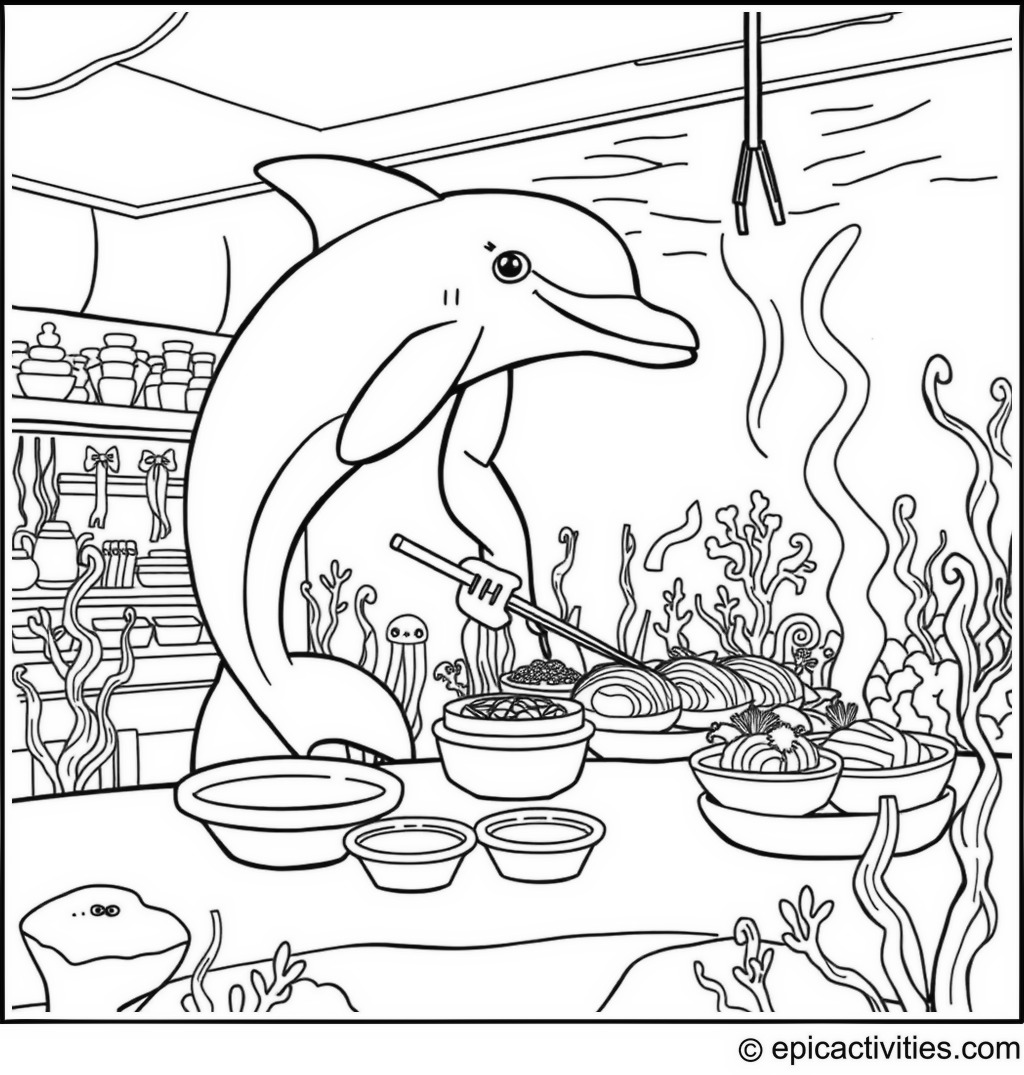Coloring page of a dolphin chef making sushi in an underwater restaurant with a seaweed sushi bar