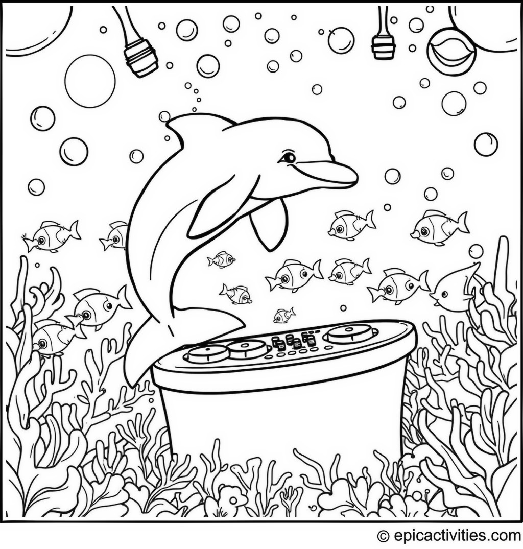 Coloring page of a Dolphin DJ in an Underwater Disco
