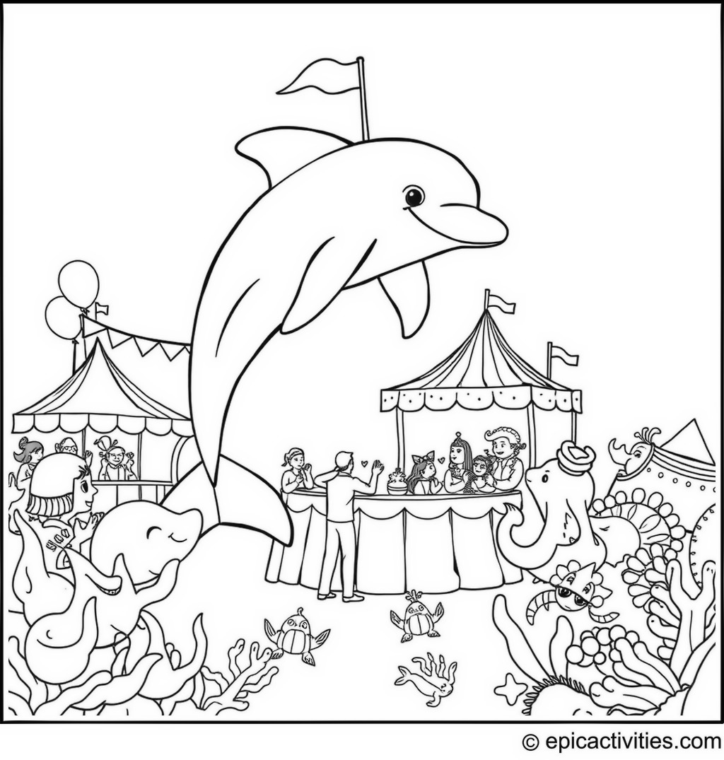 Coloring page of a Dolphin Hosting a Carnival with Games and Sea Creature Spectators