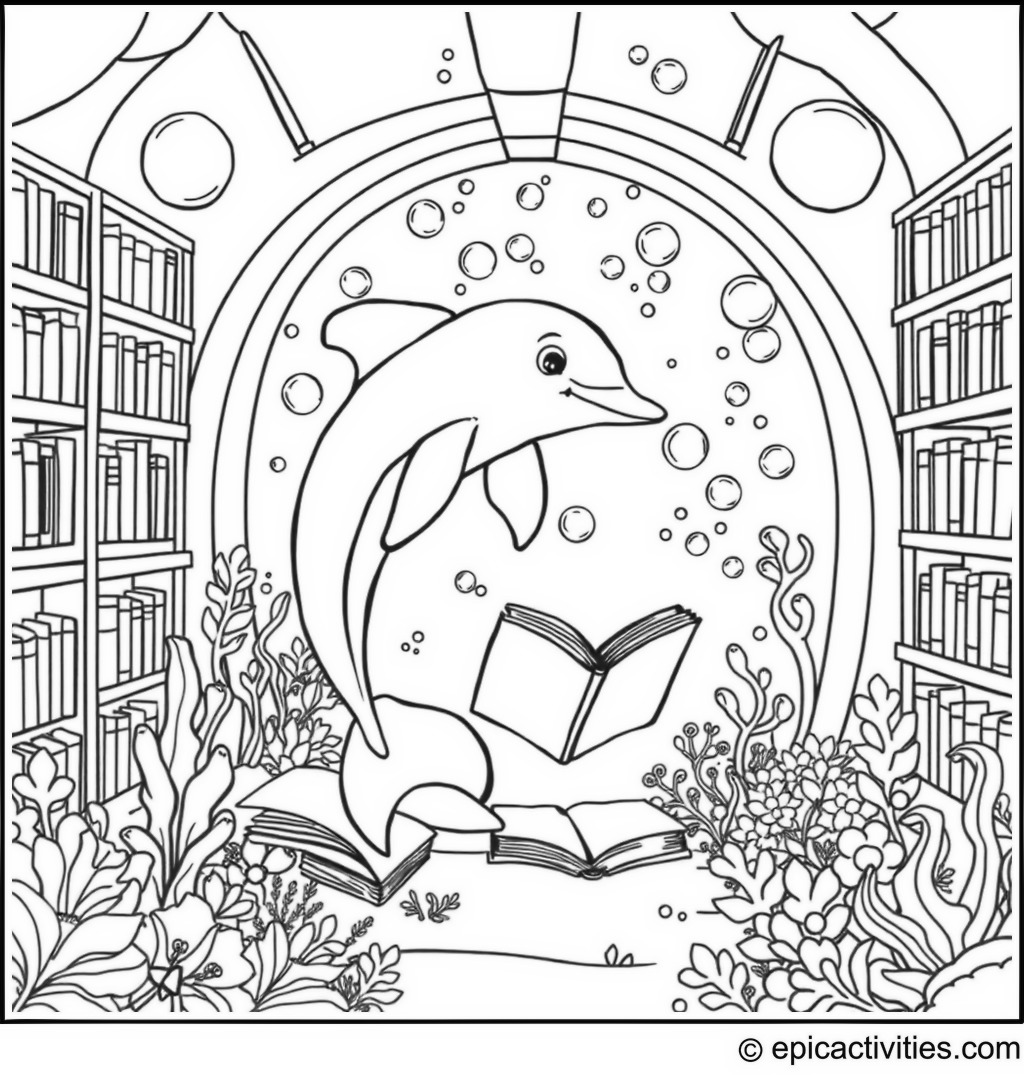 Coloring page of a Dolphin in a dreamy underwater library