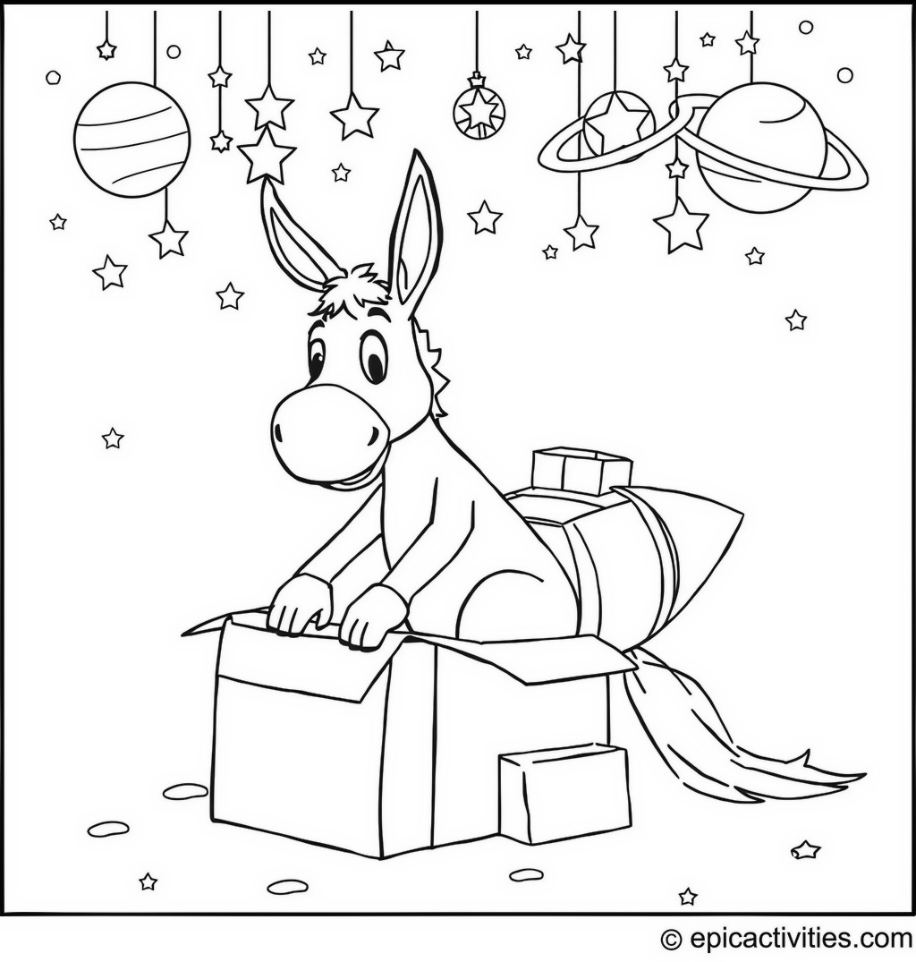 Coloring page of a Donkey Building a Rocket Ship