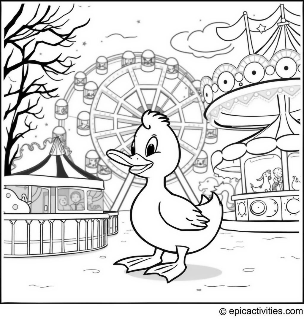 Coloring page of a Duck at a Nighttime Carnival