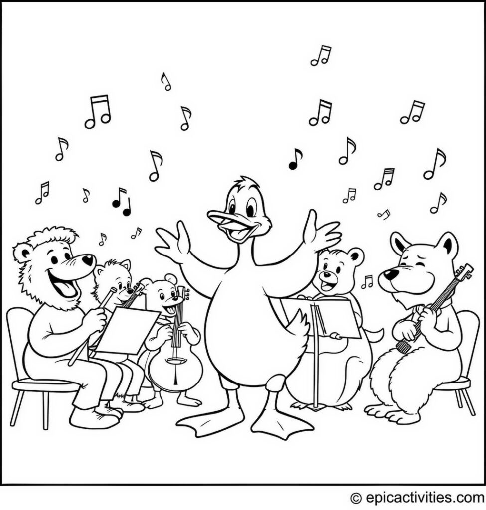 Coloring page of a Duck Conducting an Animal Orchestra with Musical Notes