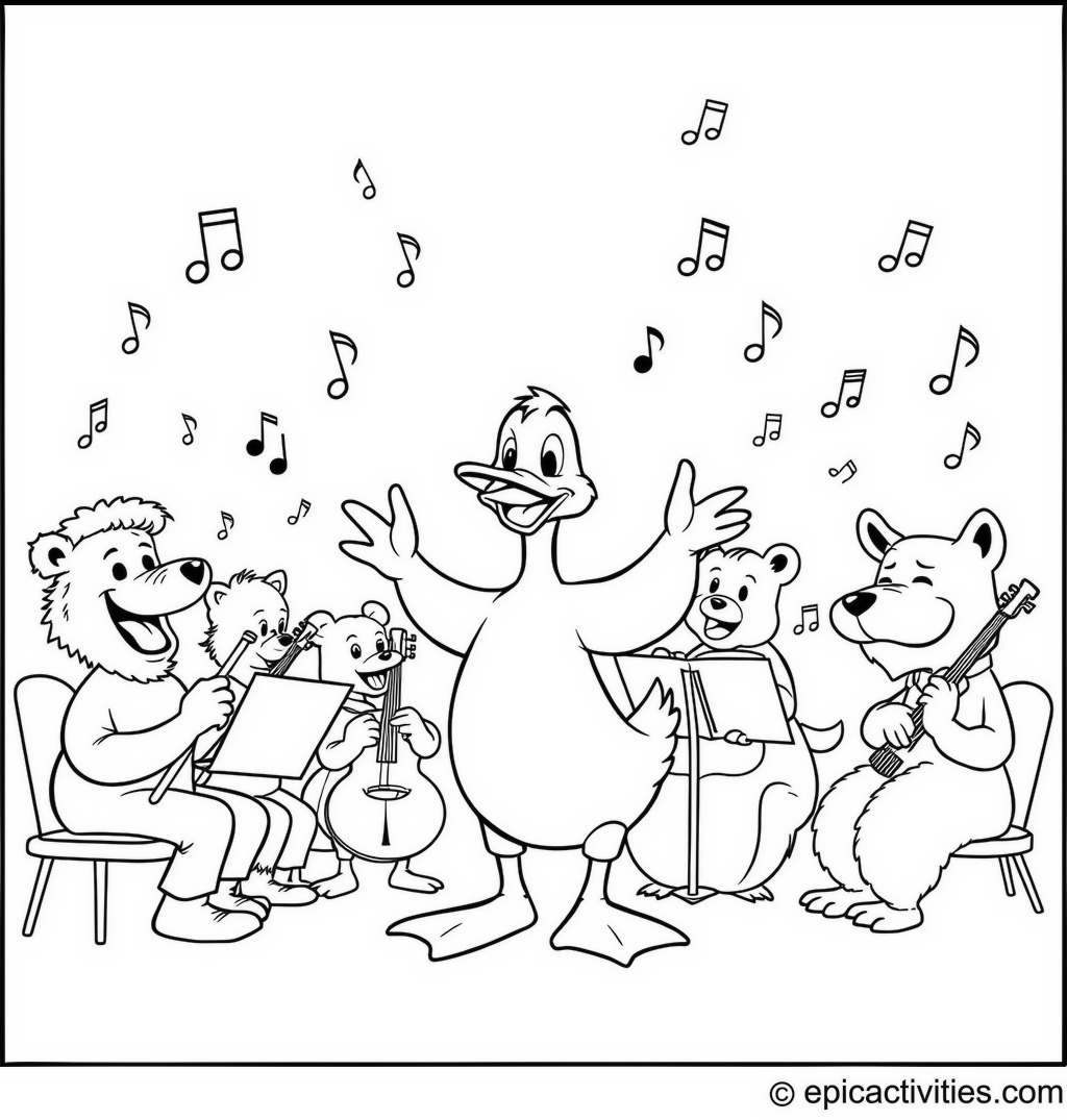 Coloring page of a Duck Conducting an Animal Orchestra with Musical Notes
