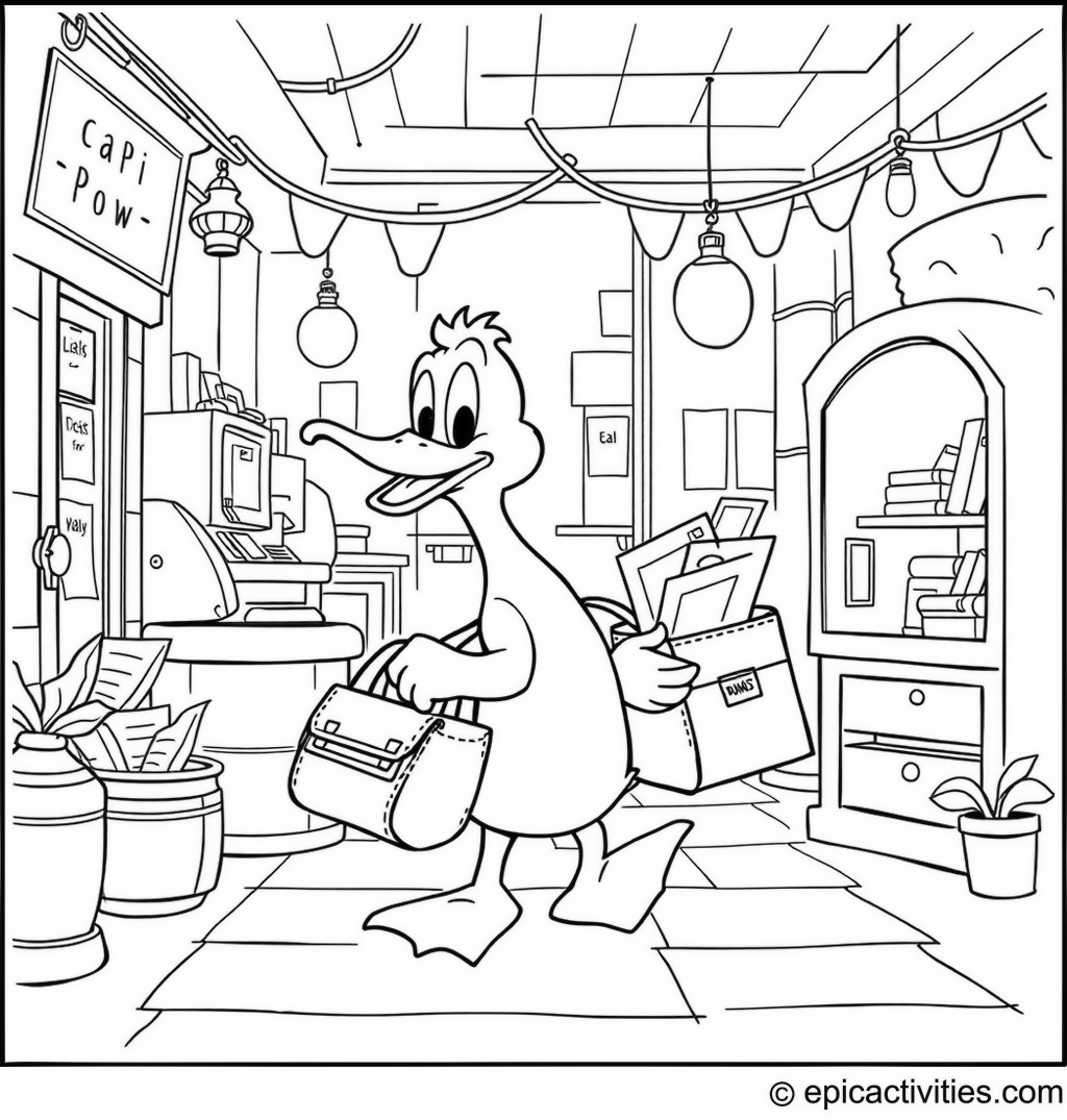 Coloring page of a Duck Delivering Letters at the Post Office