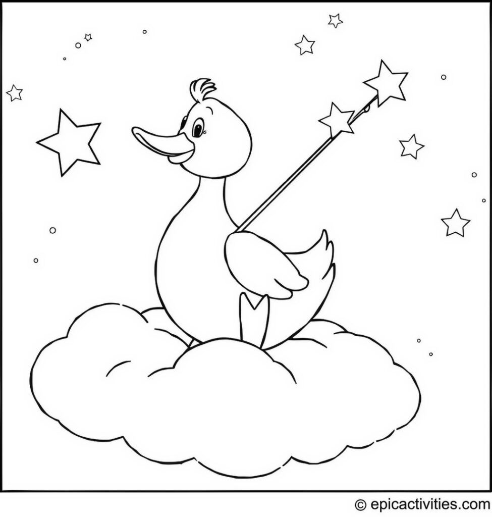 Coloring page of a Duck Fishing for Stars on a Cloud