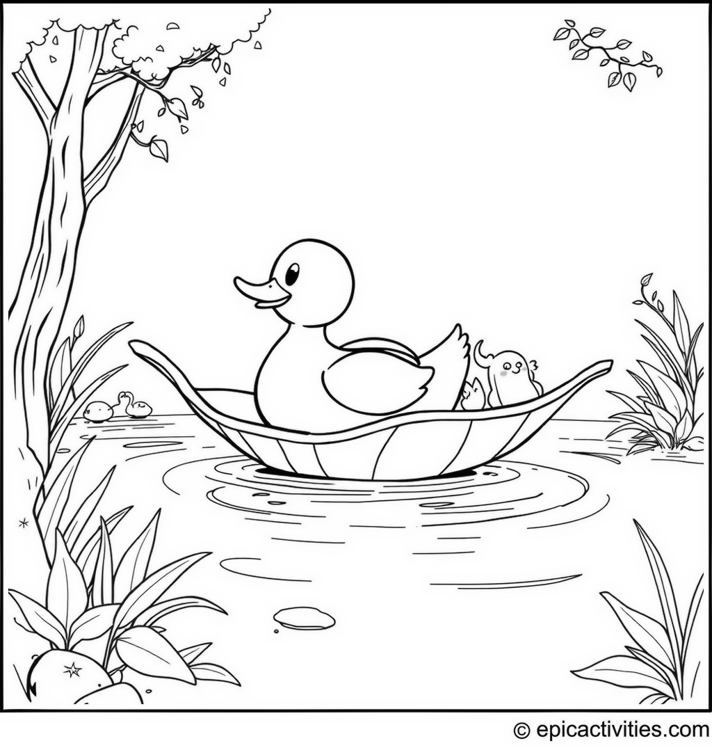 Coloring page of a Duck Floating on an Oversized Leaf in a Lazy River with Forest Creatures