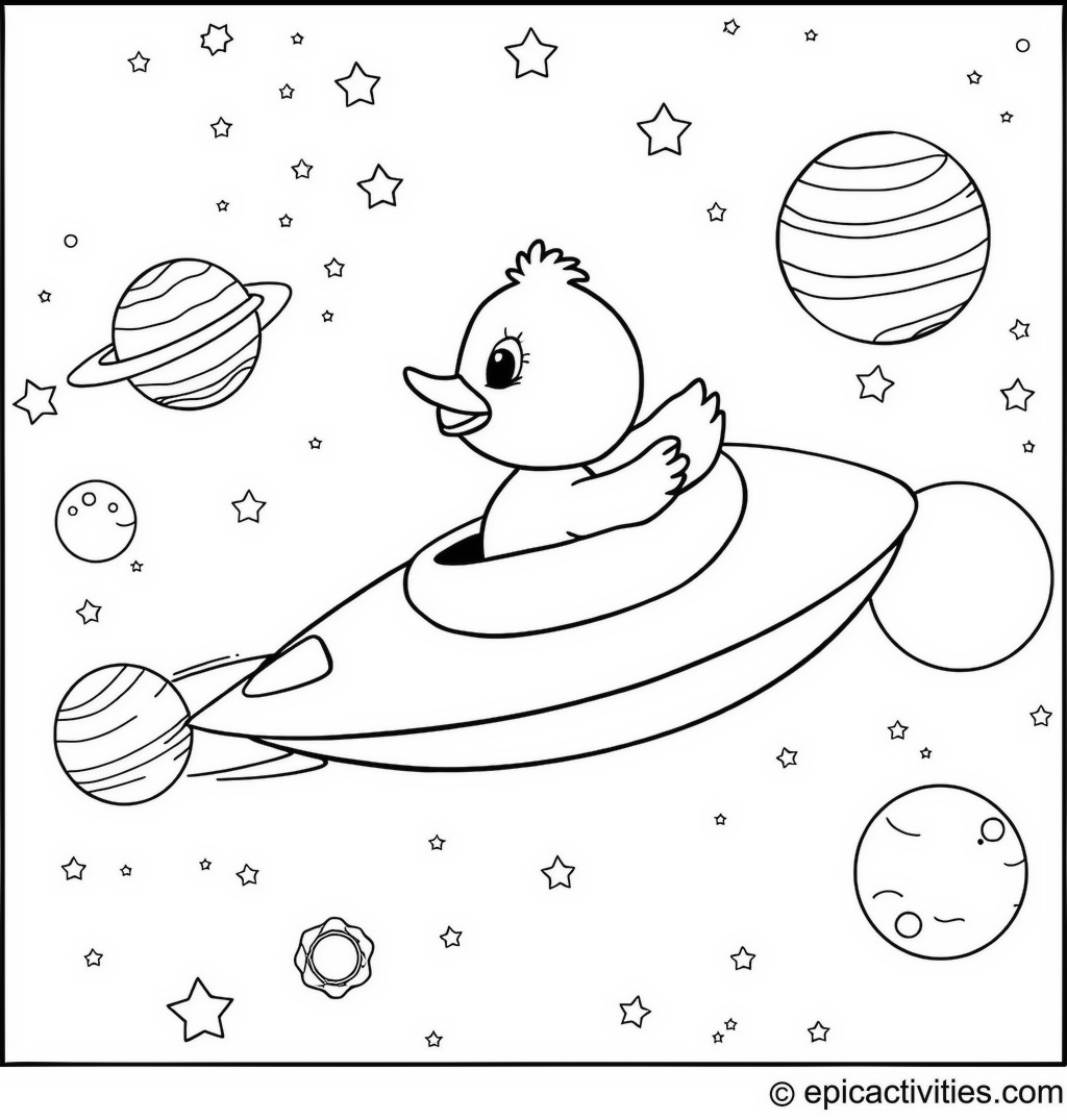 Coloring page of a Duck in a Spaceship Exploring Outer Space
