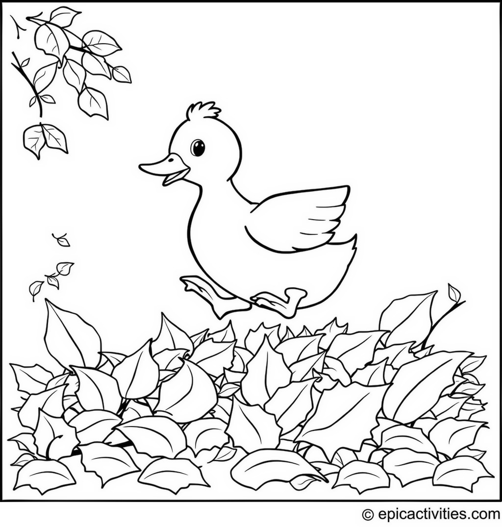 Coloring page of a Duck Jumping into a Pile of Leaves in Autumn