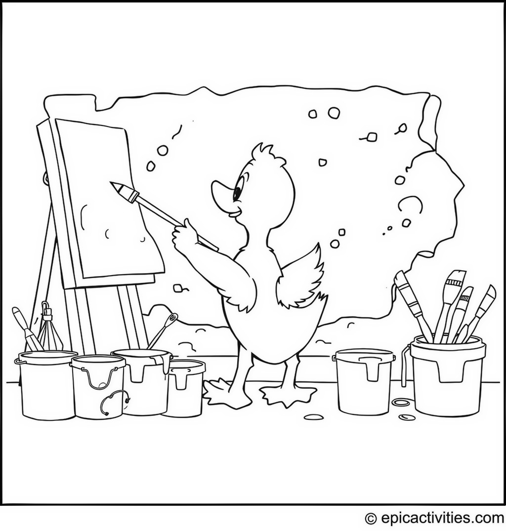 Coloring page of a Duck Painting a Colorful Mural