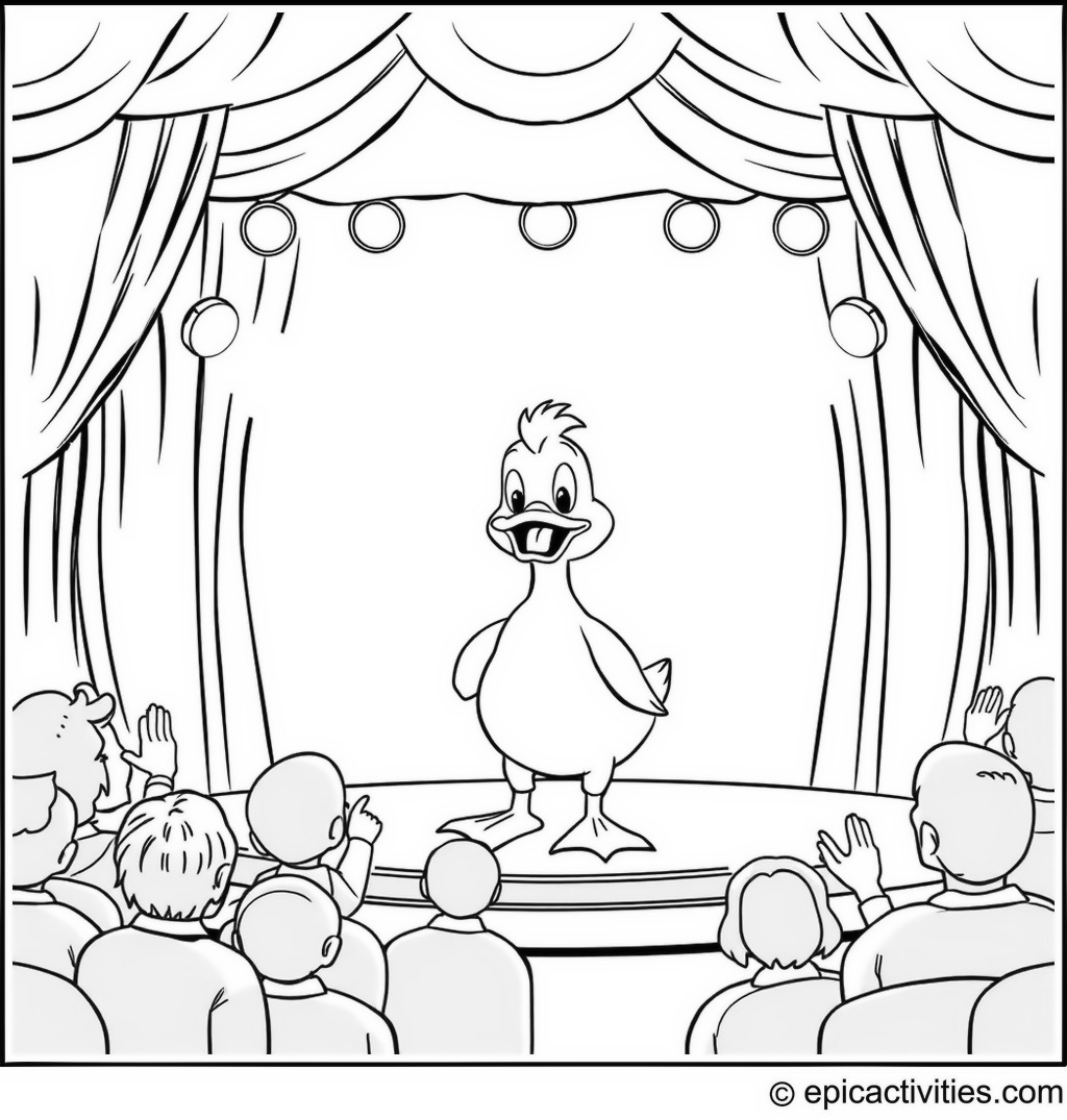 Coloring page of a Duck Performing on Stage