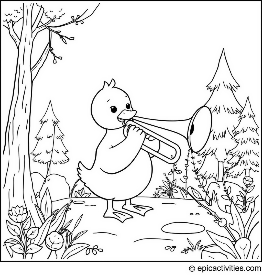 Coloring page of a Duck Playing a Giant Trombone in a Whimsical Forest Scene
