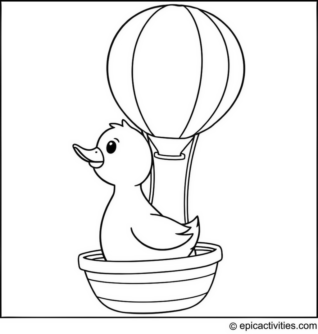 Coloring page of a Duck Riding a Miniature Hot Air Balloon