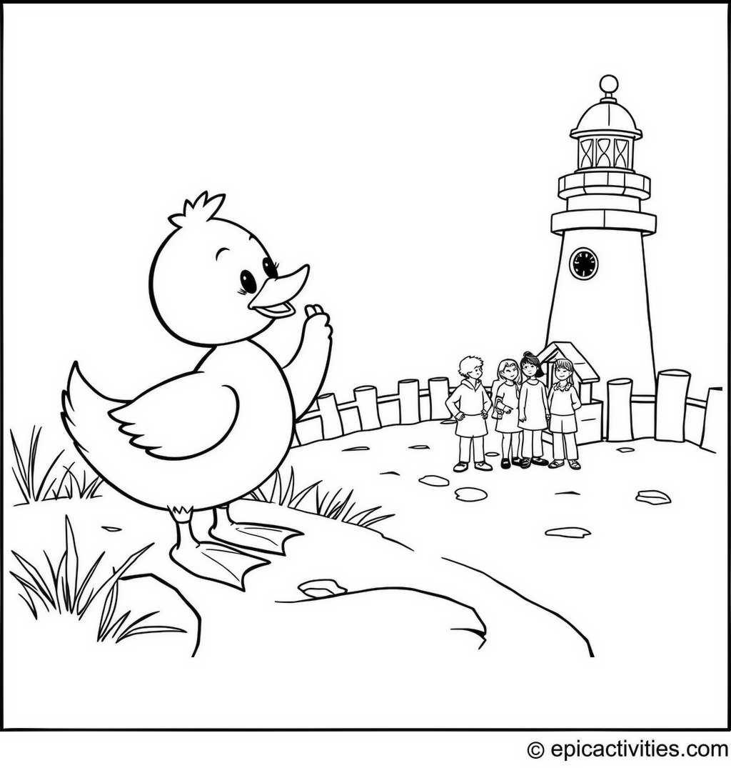Coloring page of a Duck Ringing a Bell by the Lighthouse