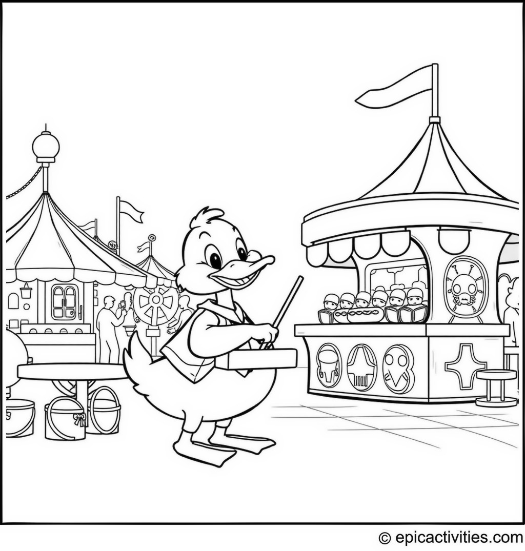 Coloring page of a Duck Running a Hot Dog Stand at a Fun Fairground