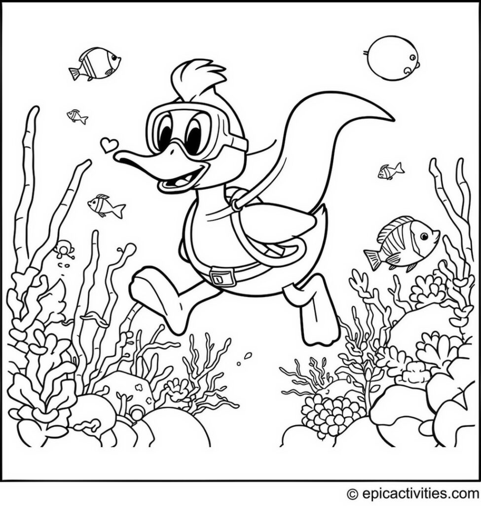 Coloring page of a Duck Scuba Diving with Colorful Fish in an Underwater Treasure Hunt Adventure
