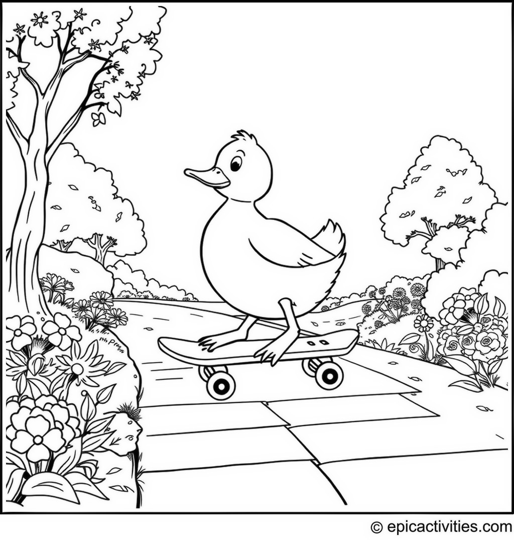 Coloring page of a Duck Skateboarding in the Park