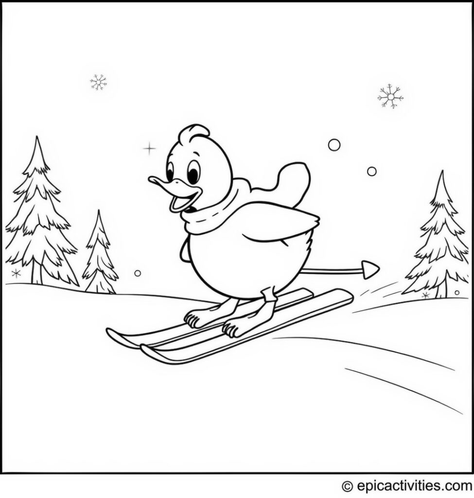 Coloring page of a Duck Skiing Down a Snowy Slope