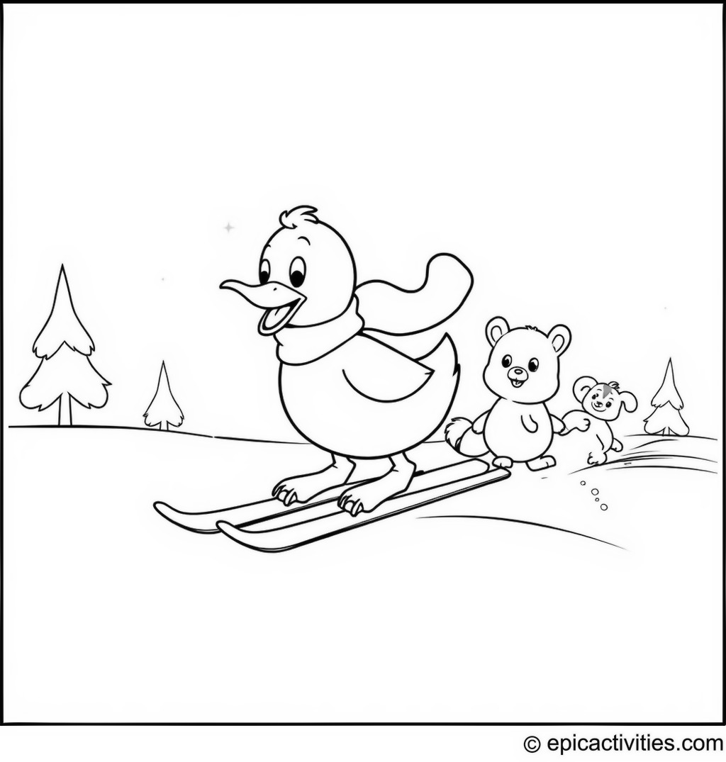 Coloring page of a Duck Skiing with Cute Animal Friends on a Snowy Hill