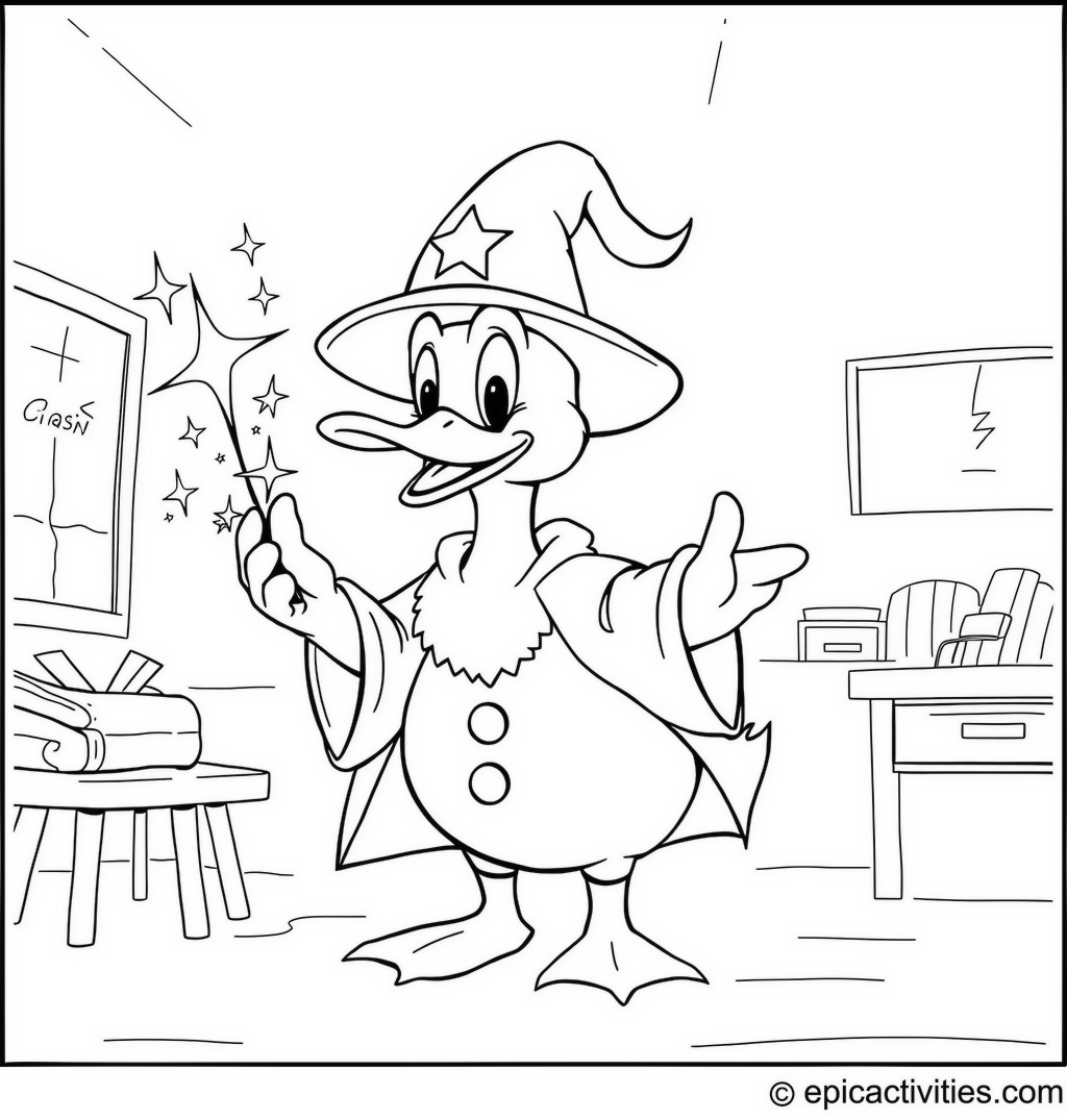 Coloring page of a Duck Wizard in Magic Classroom