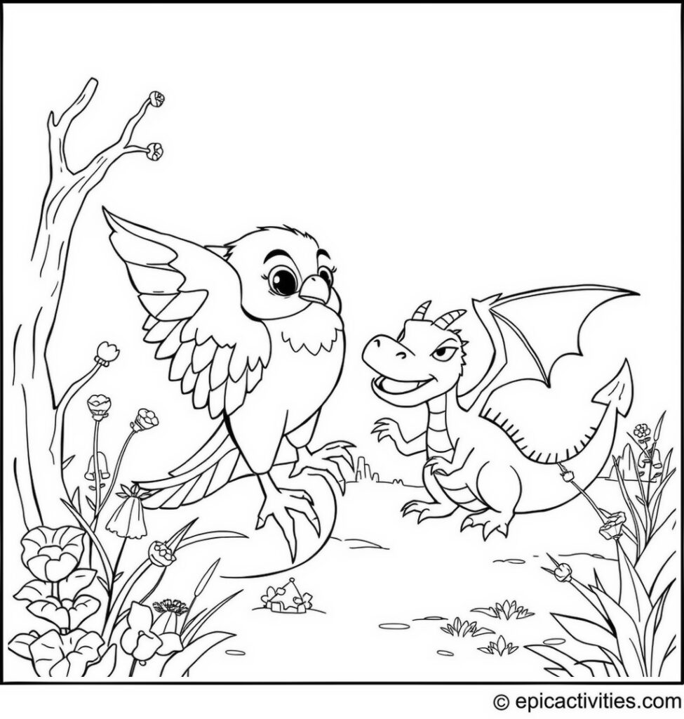 Coloring page of a Falcon and Dragon Playing in a Whimsical Realm