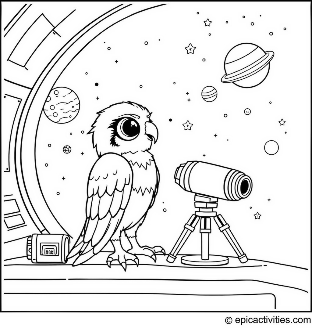 Coloring page of a Falcon at a Space Station