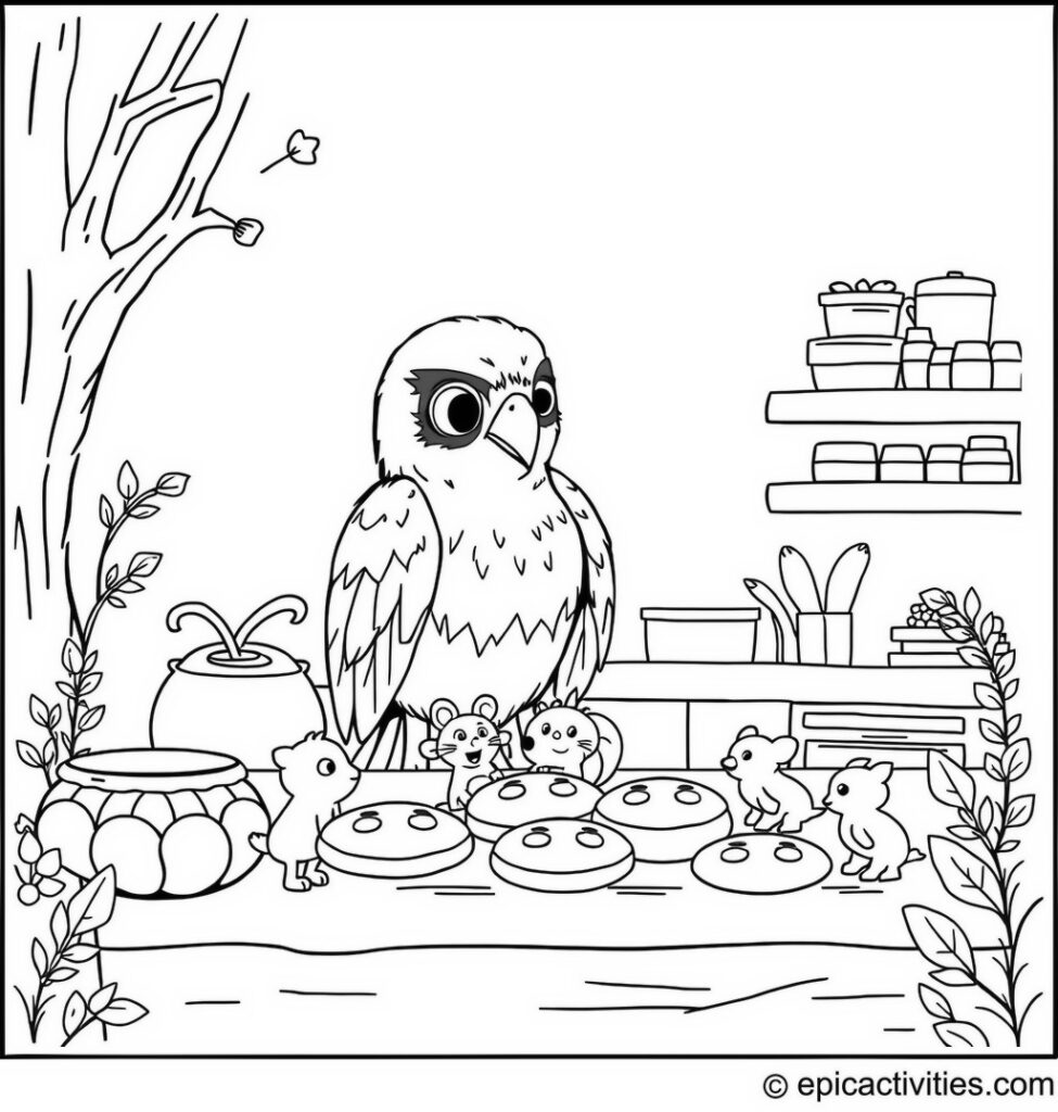 Coloring page of a Falcon Baking Cookies in a Woodland Kitchen