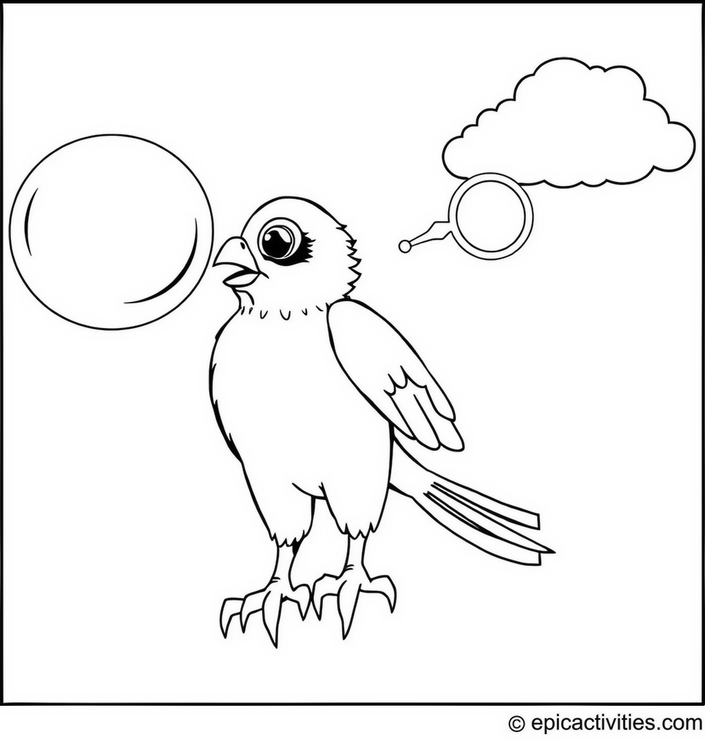 Coloring page of a Falcon Blowing Giant Soap Bubbles Turning into Clouds