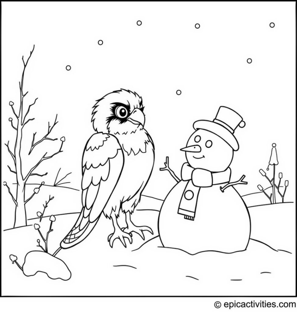Coloring page of a Falcon Building a Snowman in a Winter Wonderland
