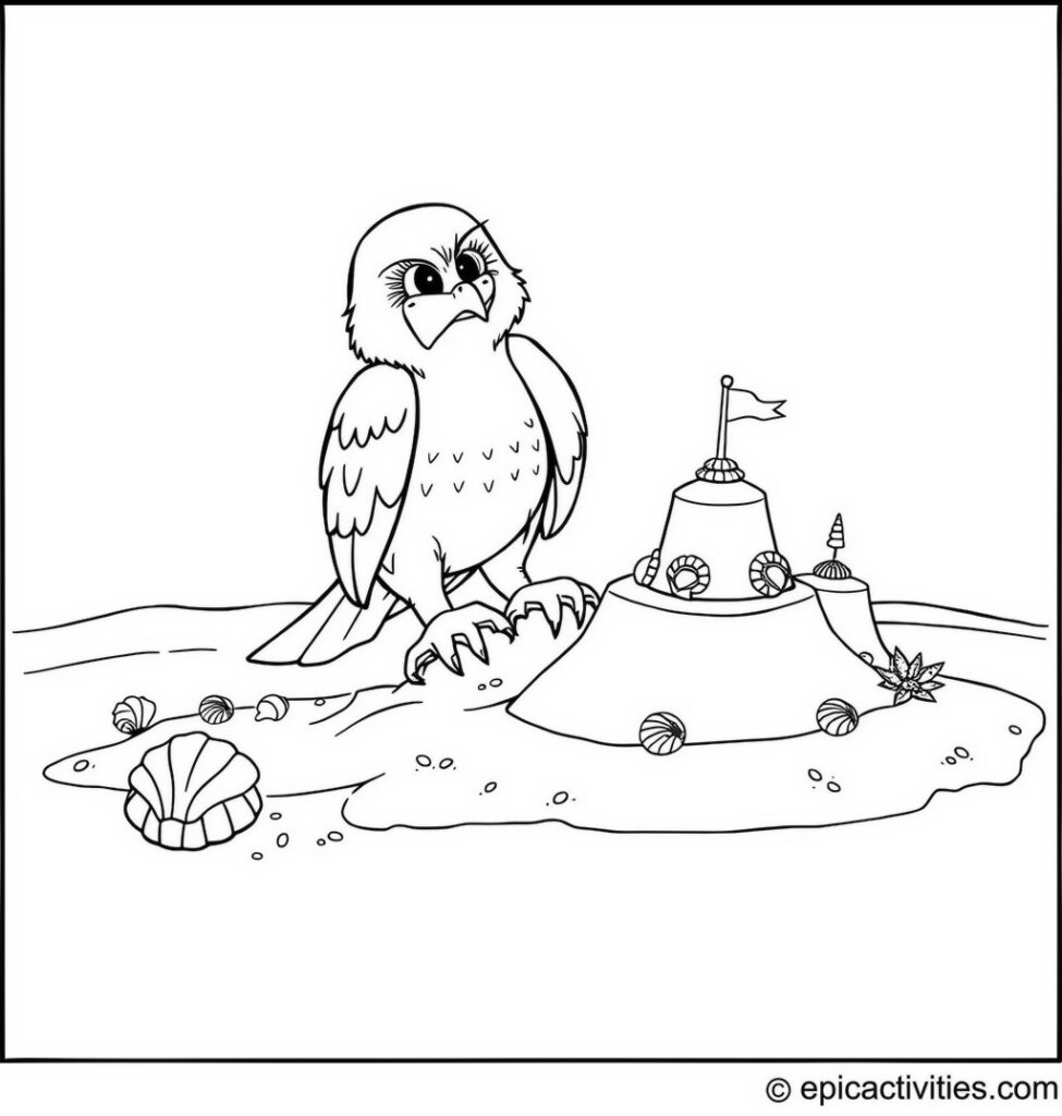 Coloring page of a Falcon Building Sandcastles on the Beach with Seashell Decorations