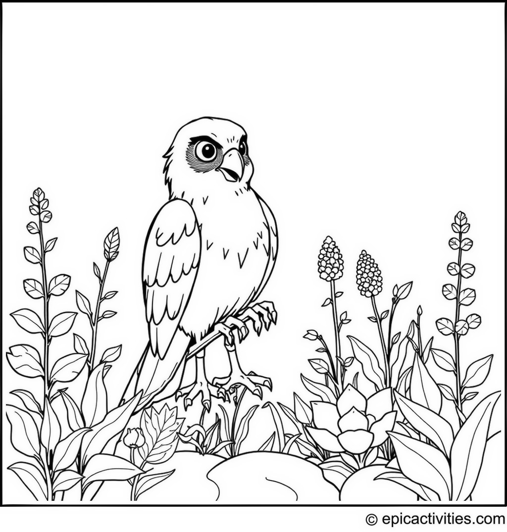 Coloring page of a Falcon Caring for a Magical Herb Garden