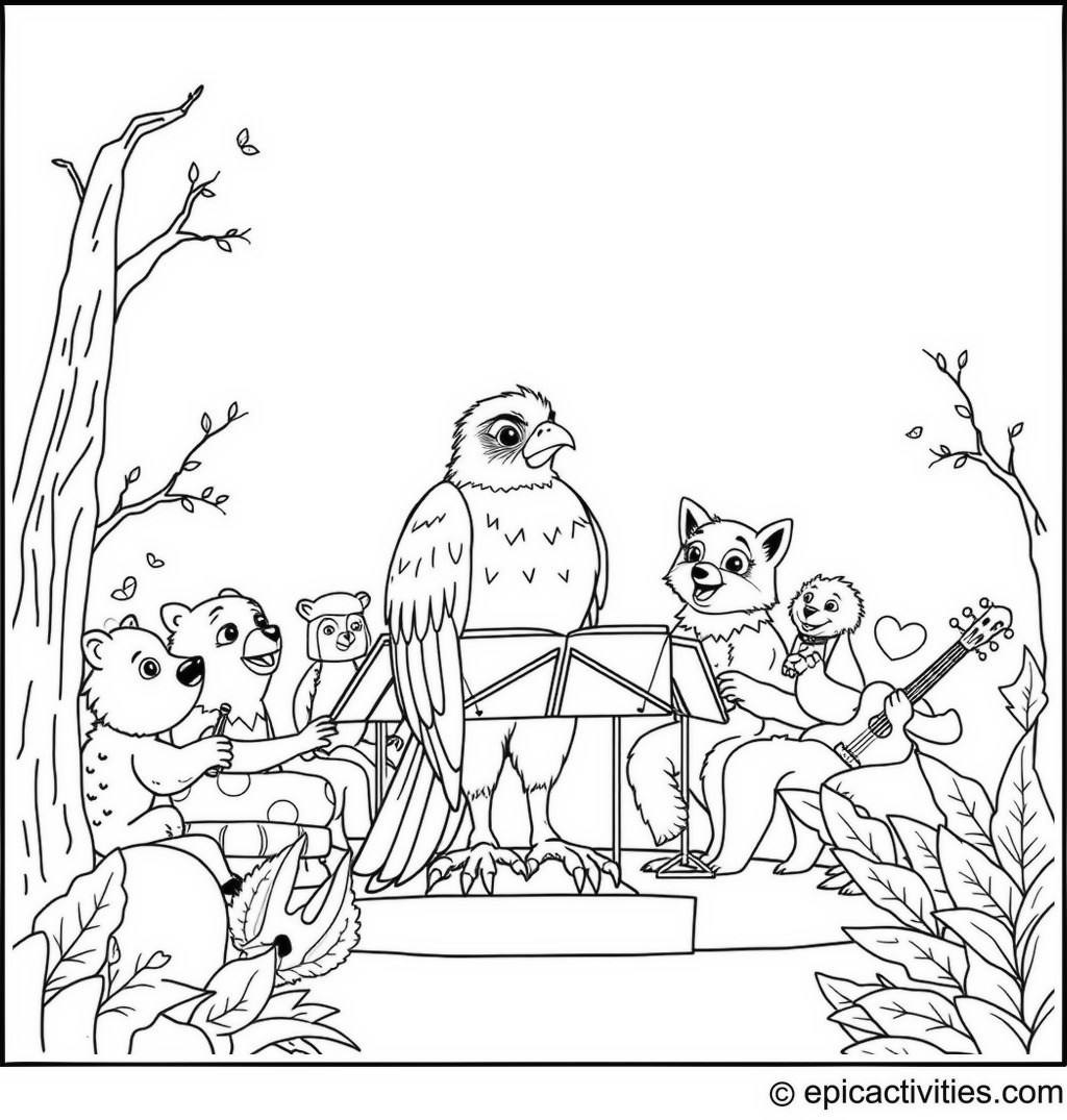 Coloring page of a Falcon Conductor Leading a Woodland Animal Orchestra