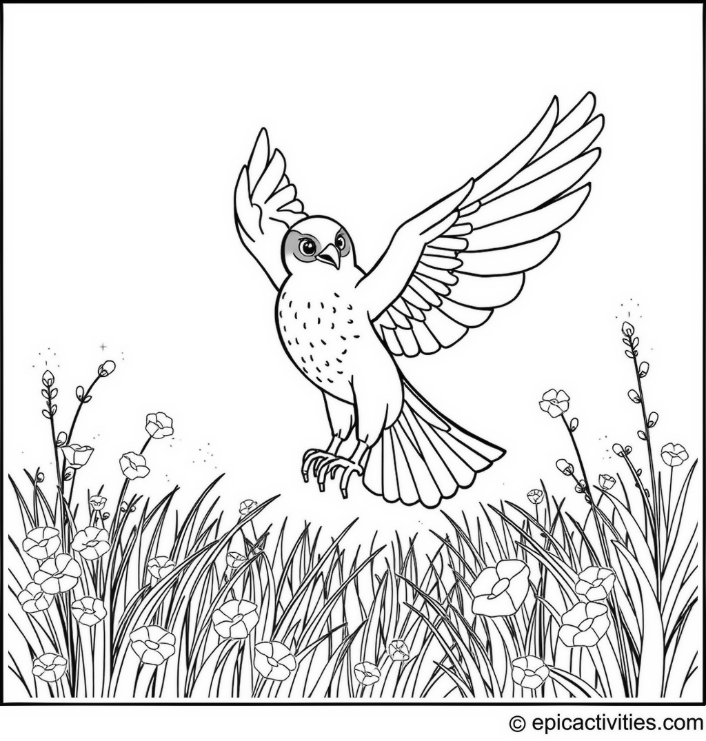Coloring page of a Falcon Dancing with Fairy Lights in an Enchanted Meadow