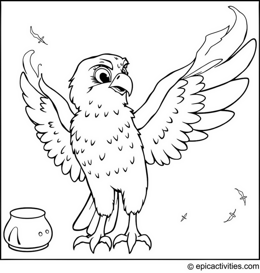 Coloring page of a Falcon Engaged in a Magical Spell-Casting Competition