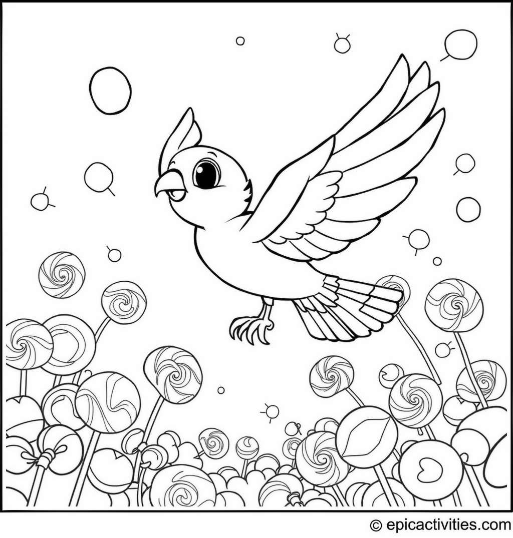 Coloring page of a Falcon Flying in a Candy-filled Sky