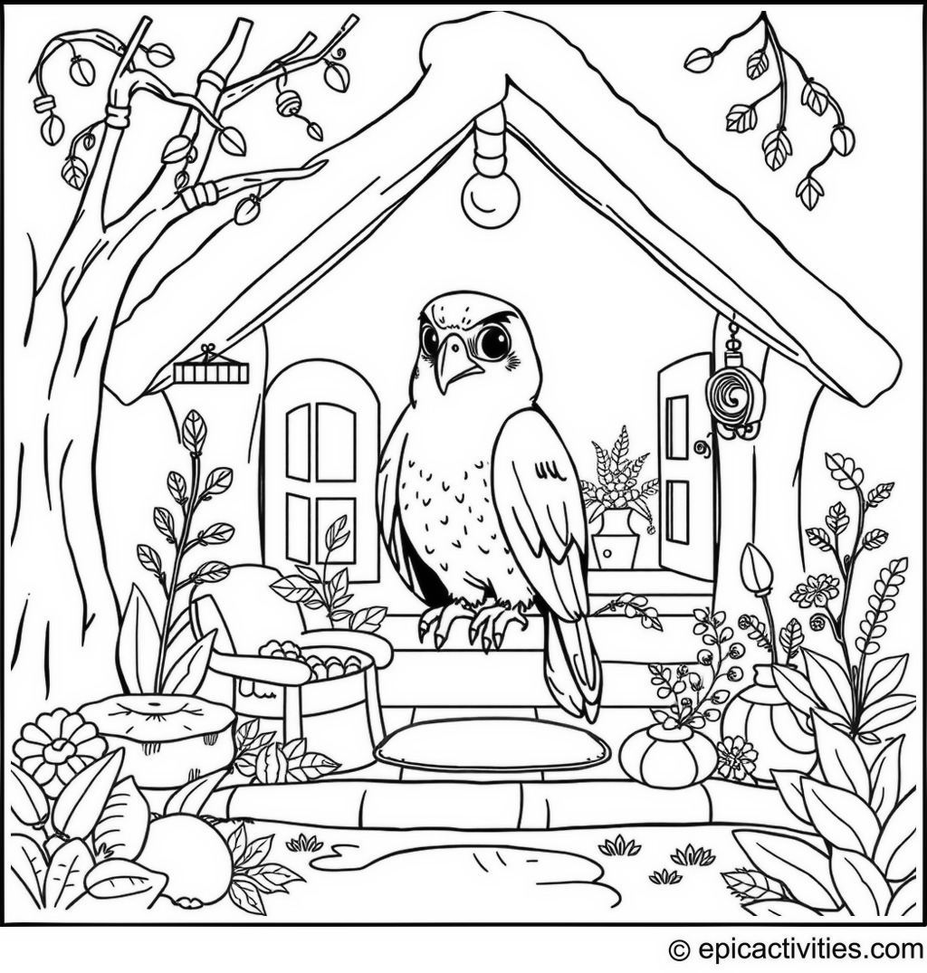 Coloring page of a Falcon in a Cozy Cottage