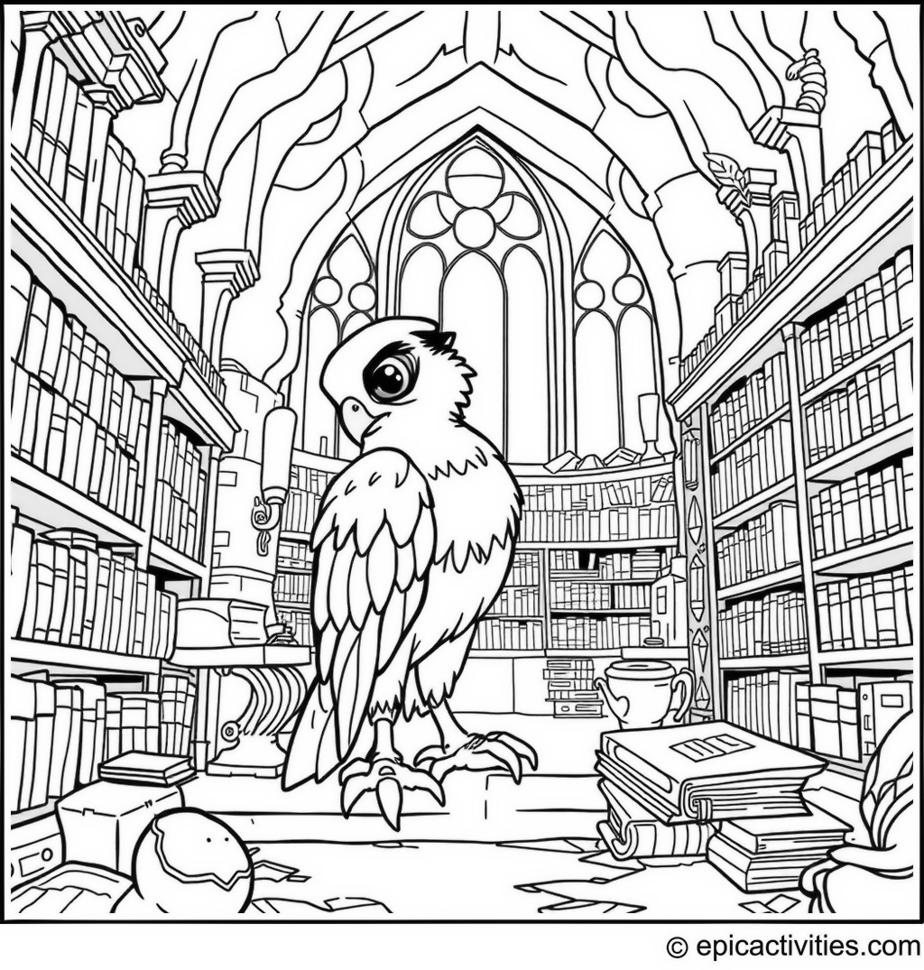 Coloring page of a Falcon in an Enchanted Library Adventure