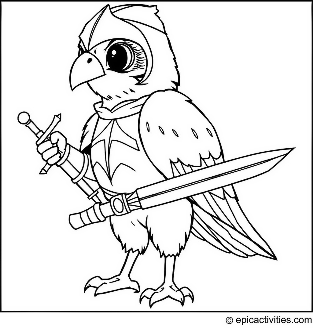 Coloring page of a Falcon Knight with a Tiny Sword