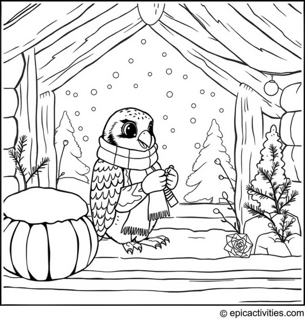 Coloring page of a Falcon Knitting a Scarf in a Cozy Cabin