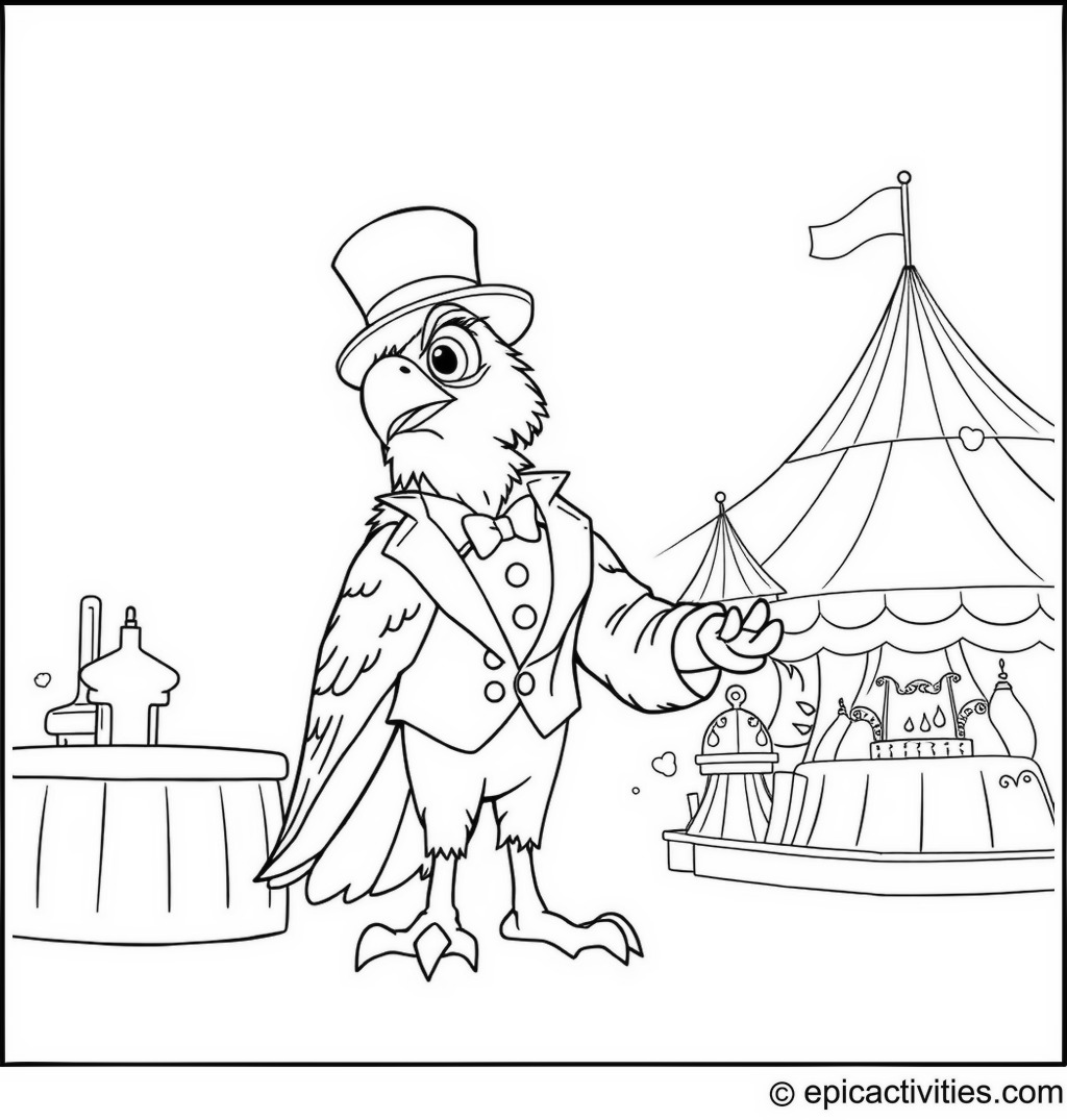 Coloring page of a Falcon Magician at a Whimsical Carnival