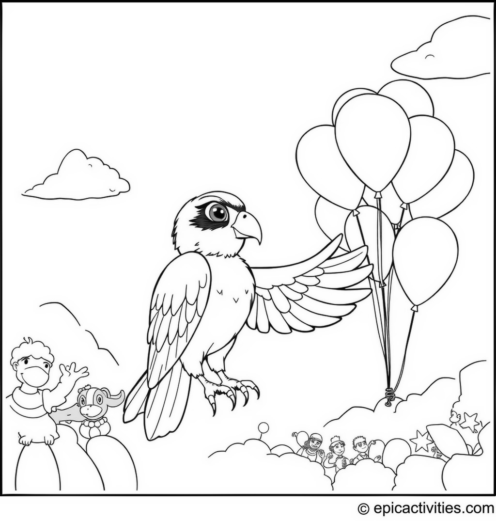 Coloring page of a Falcon Organizing a Balloon Parade in the Sky
