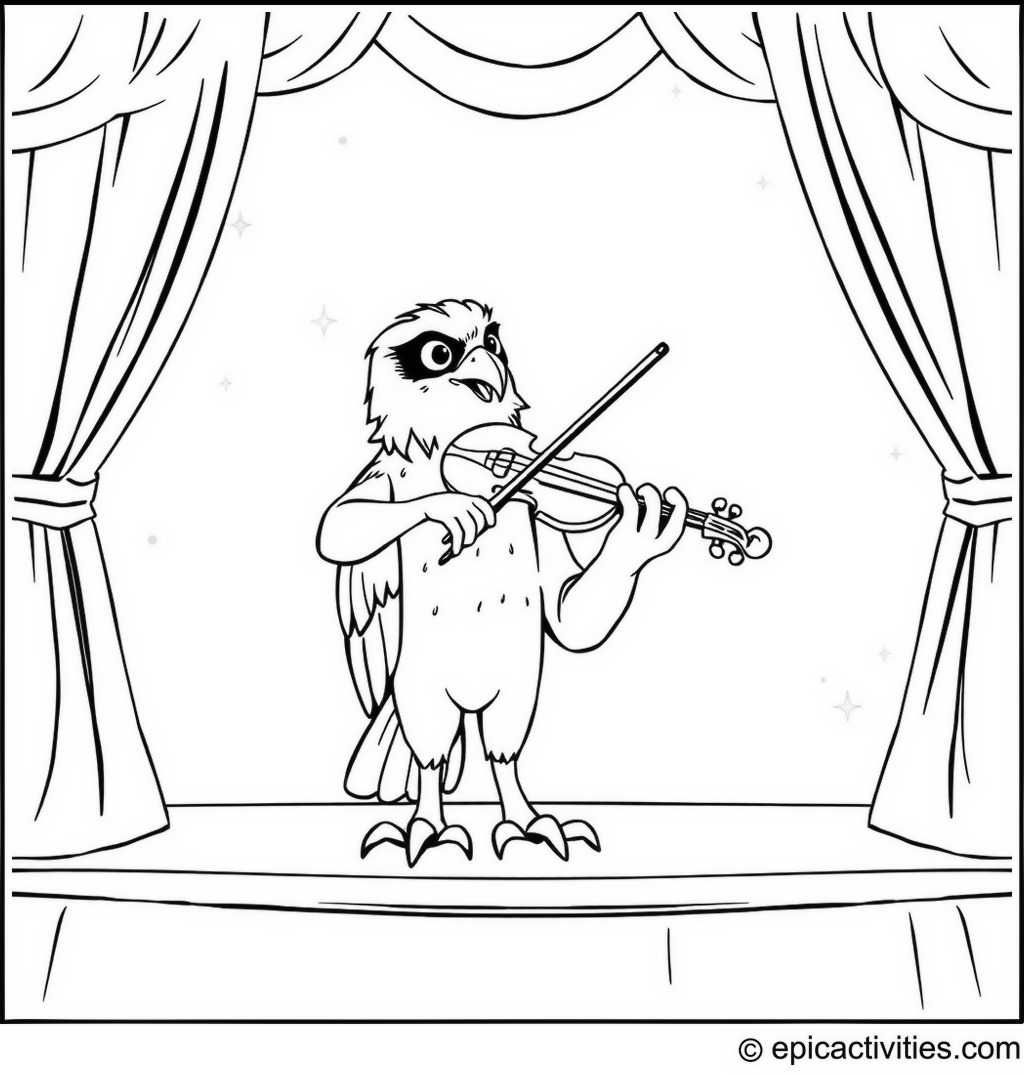 Coloring Page of a Falcon Playing a Violin on a Stage
