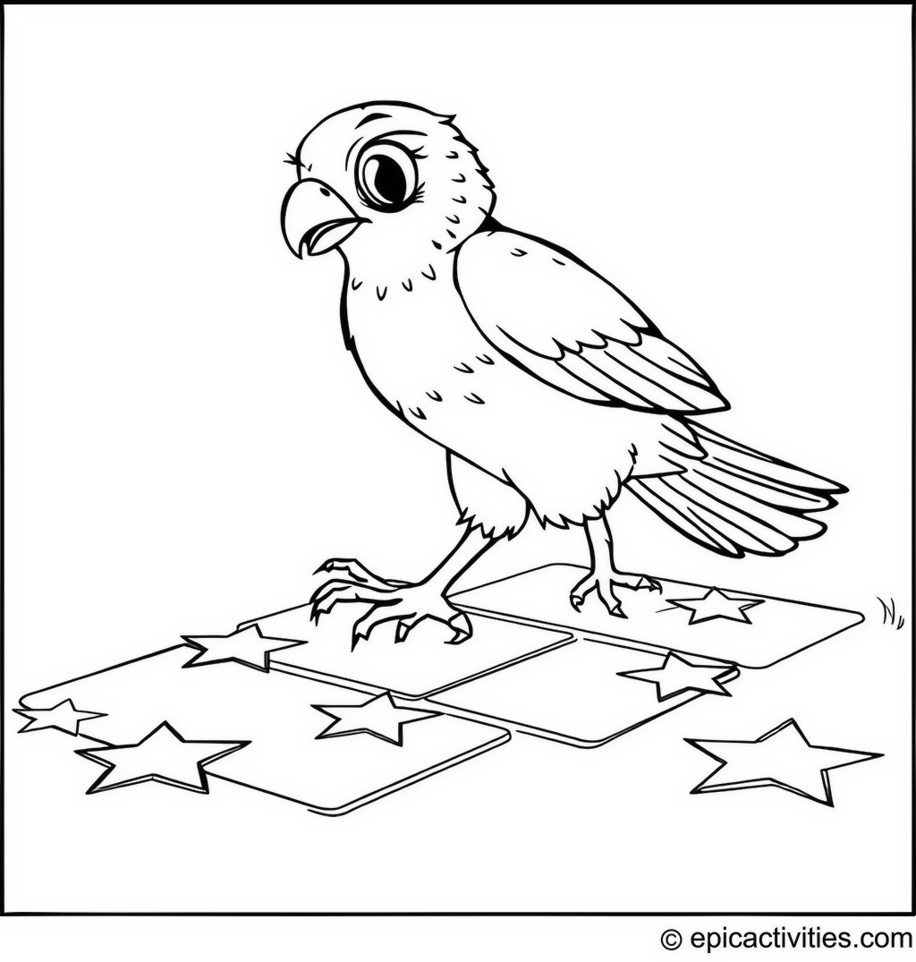 Coloring page of a Falcon Playing Hopscotch with Colorful Stars