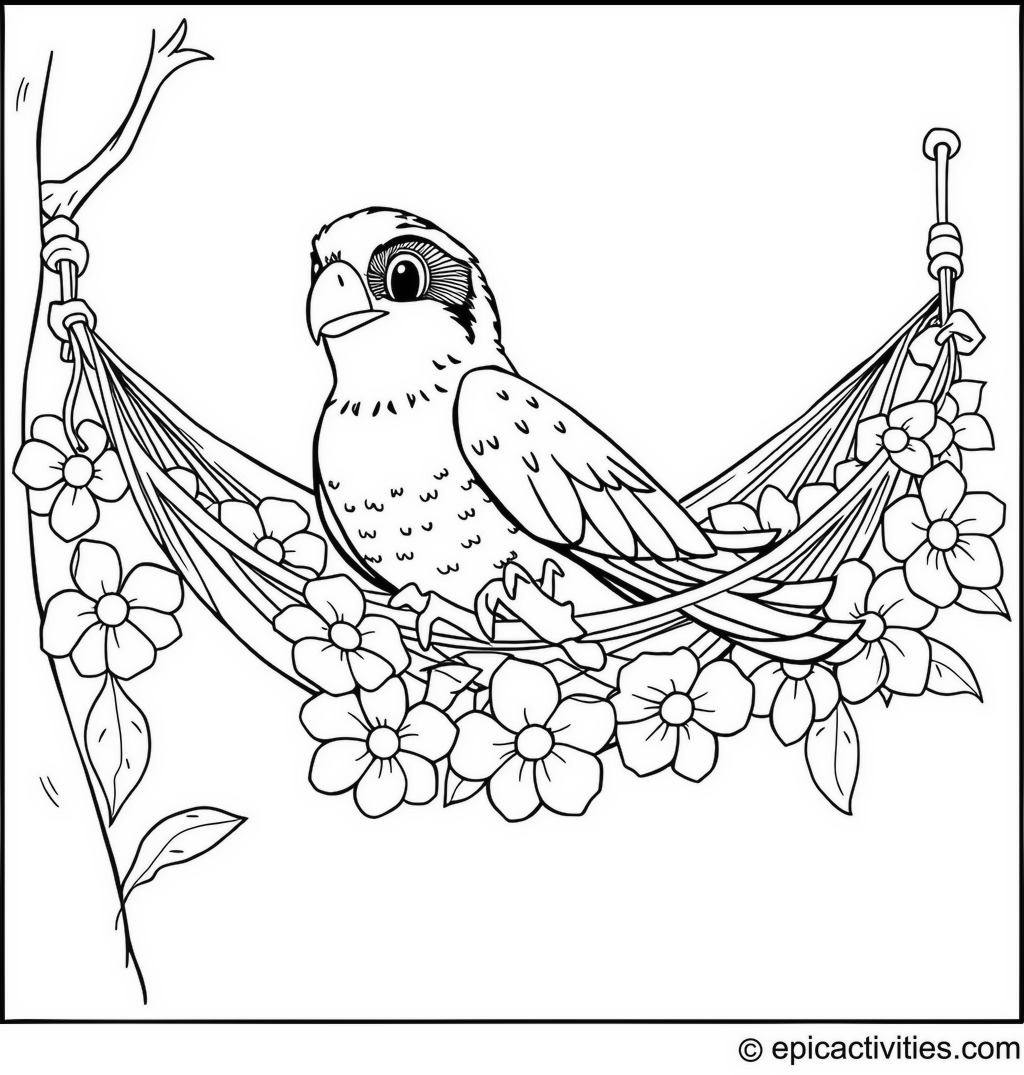 Coloring page of a Falcon Relaxing in a Flower Petal Hammock