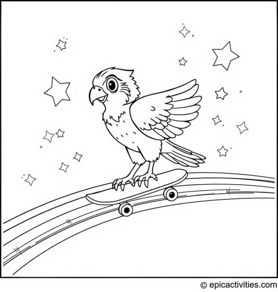 Coloring page of a Falcon Skateboarding on a Rainbow Path with Stars