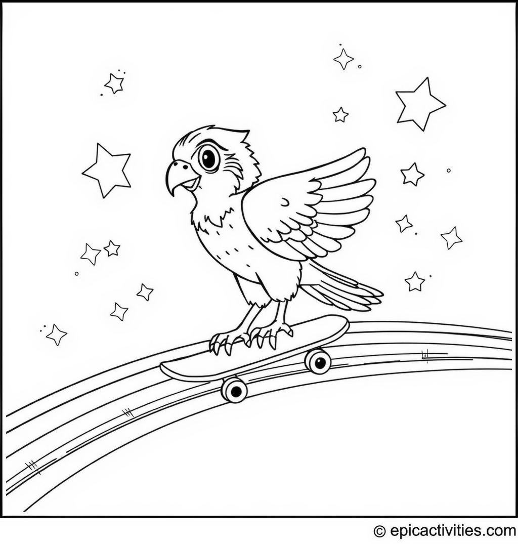Coloring page of a Falcon Skateboarding on a Rainbow Path with Stars