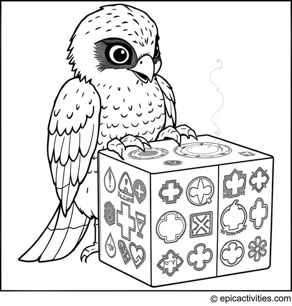 Coloring page of a Falcon Solving a Magical Puzzle Cube