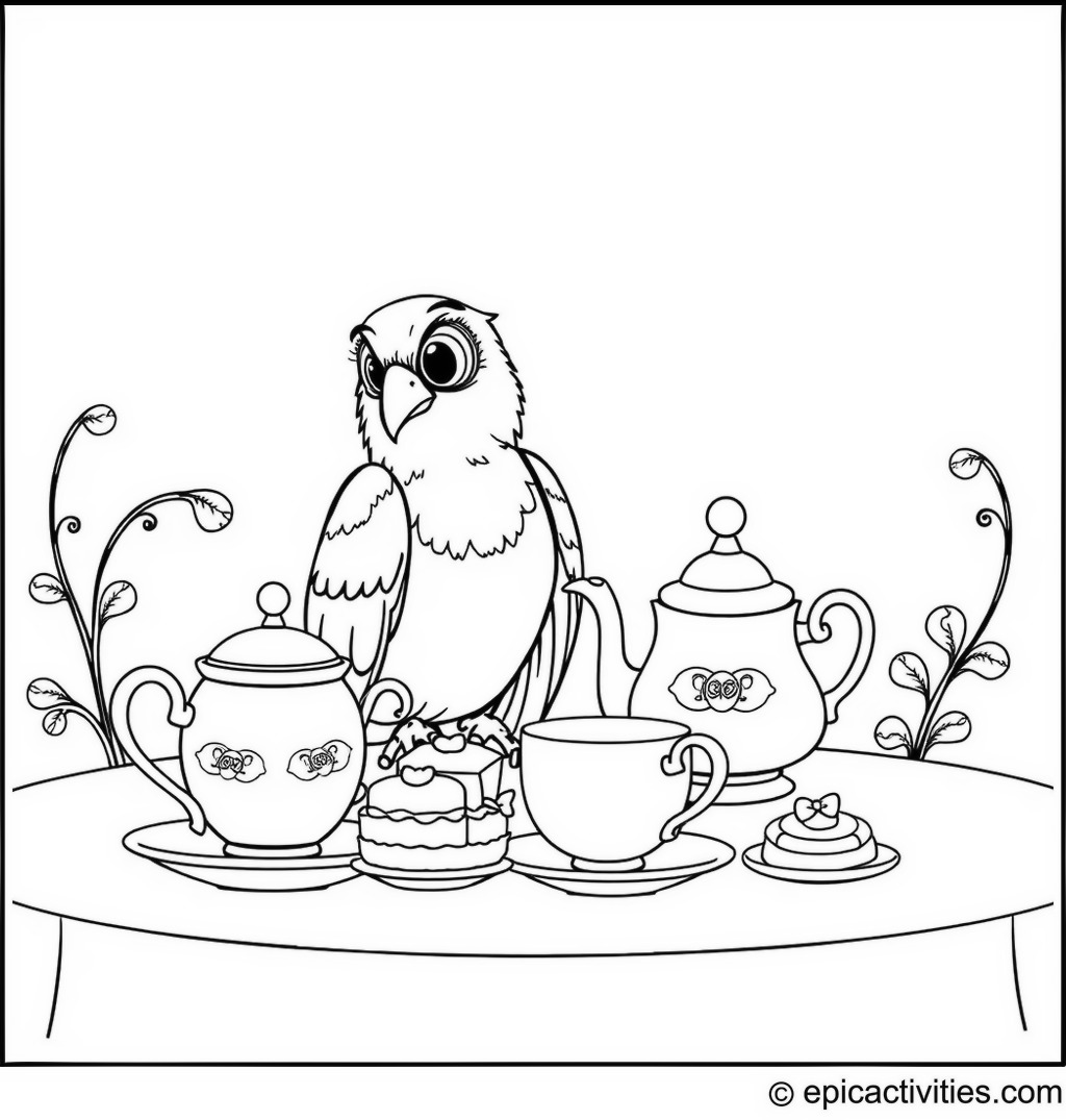Coloring page of a Falcon Tea Party with Talking Teacups and Pastries