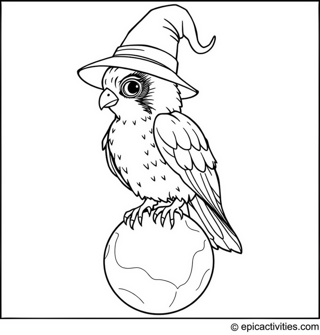 Coloring page of a Falcon Wizard on a Crystal Ball
