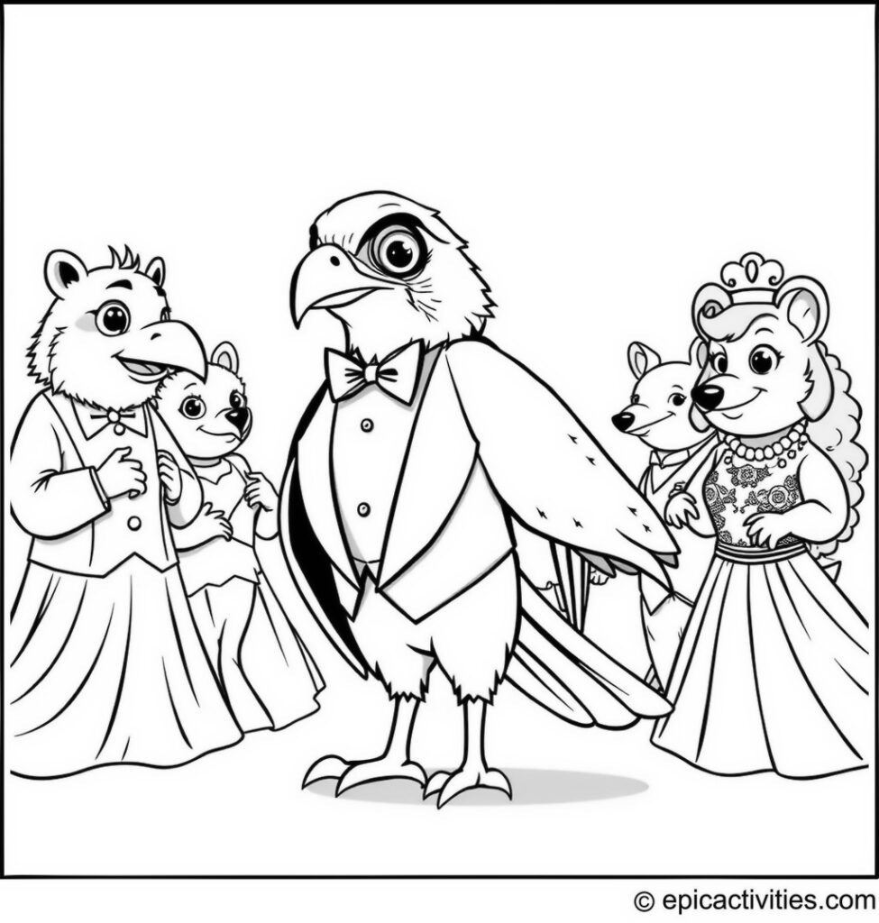 Coloring page of a fancy falcon at a royal ball